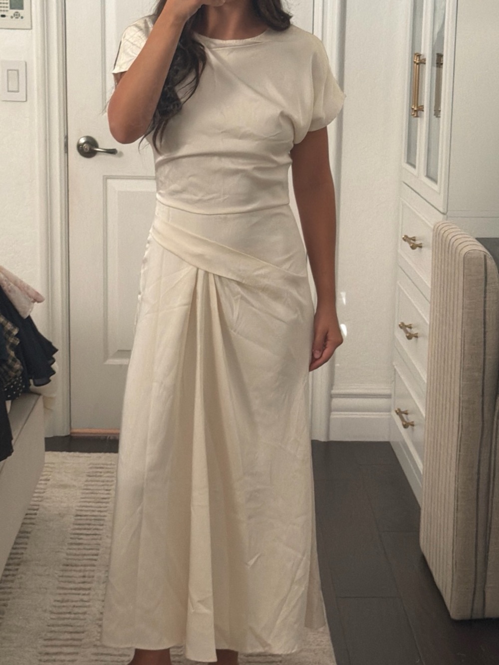 Cream Draped Short-Sleeve Maxi Dress